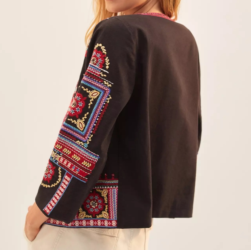 Anthropologie NWT $180 Abstract Colorful Embroidered Floral Cotton Boho Jacket S - Picture 11 of 11